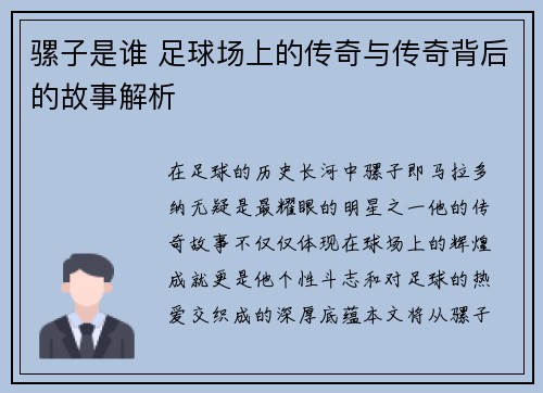 骡子是谁 足球场上的传奇与传奇背后的故事解析